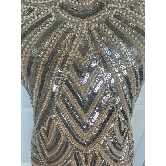 Vintage 20’s Silver and White Beaded and Sequins Flapper dress with Fringe - Picture 3 of 9